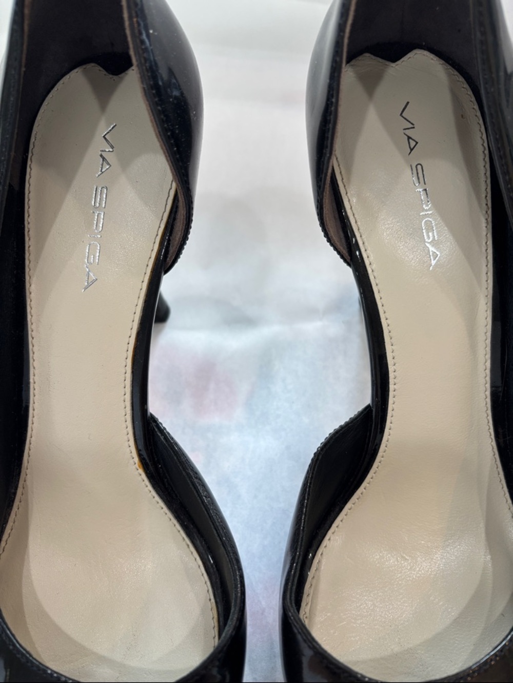 Via Spiga Black Patent Peep-Toe Stiletto Pumps - Picture 4 of 5